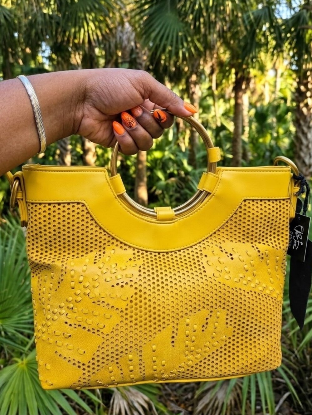 Elle Jae Gypset Yellow Laser-Cut Satchel with Gold Ring Handles NWT